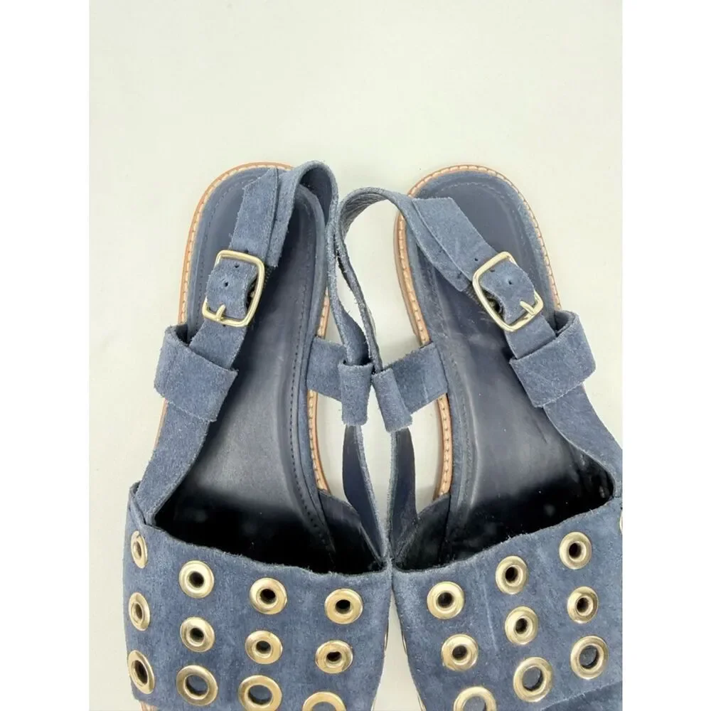 J. Crew Blue Suede Leather Gold Grommet Slingback Nautical Flat Sandals